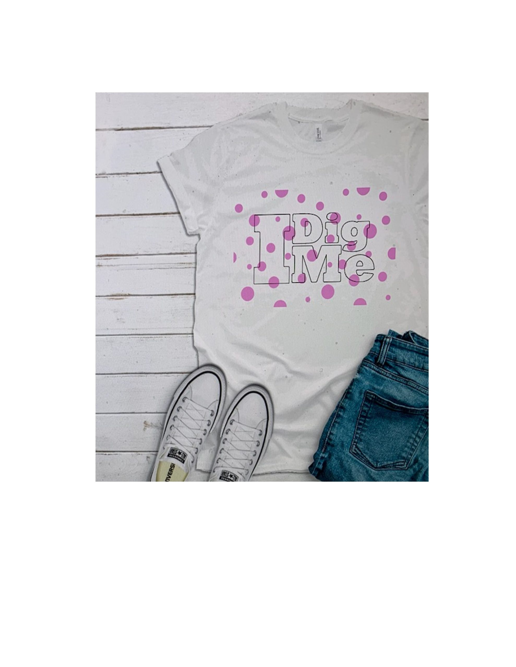 9 I Dig Me with Pink Polka Dots Colors- White & Light Pink